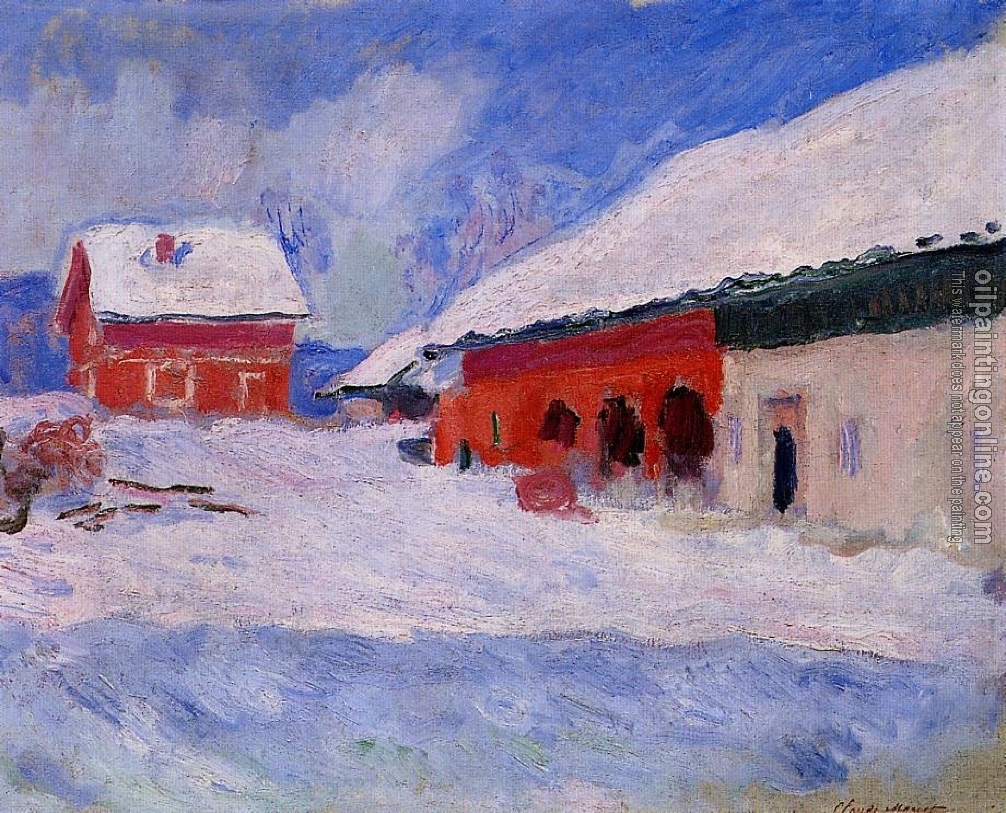 Monet, Claude Oscar - Red Houses at Bjornegaard in the Snow, Norway